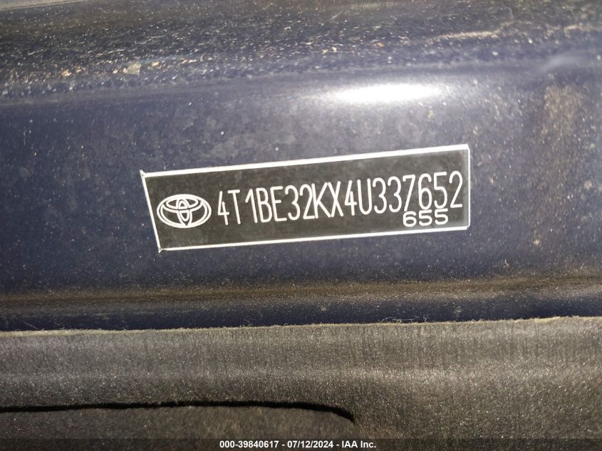 2004 Toyota Camry Xle VIN: 4T1BE32KX4U337652 Lot: 39840617