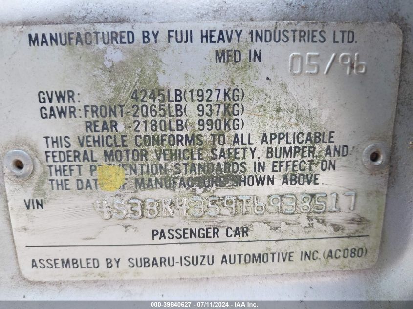 1996 Subaru Legacy L VIN: 4S3BK4359T6938517 Lot: 39840627