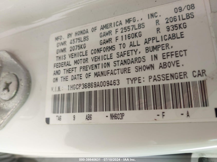 2009 Honda Accord 3.5 Ex-L VIN: 1HGCP36869A009463 Lot: 39840631