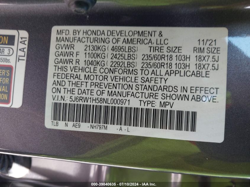 2022 Honda Cr-V 2Wd Ex VIN: 5J6RW1H58NL000971 Lot: 39840635