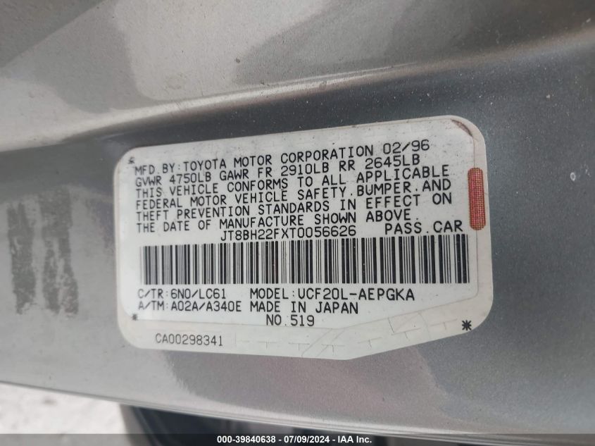 1996 Lexus Ls 400 VIN: JT8BH22FXT0056626 Lot: 39840638