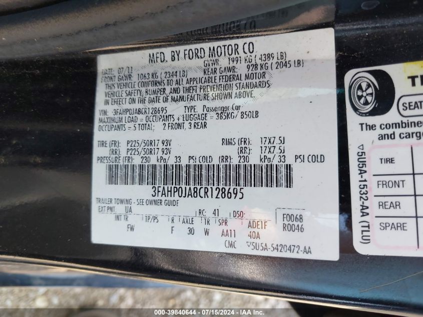 2012 Ford Fusion Sel VIN: 3FAHP0JA8CR128695 Lot: 39840644