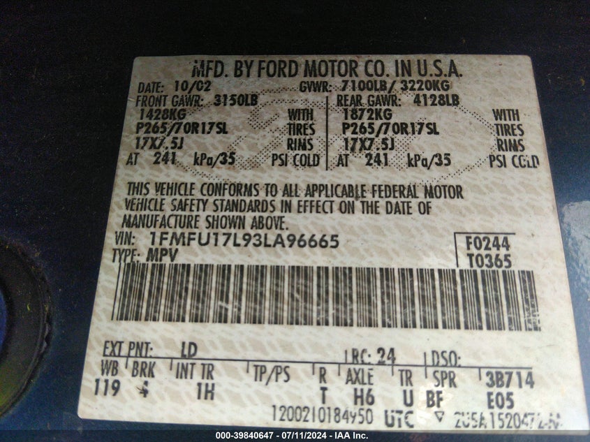 2003 Ford Expedition Eddie Bauer VIN: 1FMFU17L93LA96665 Lot: 39840647