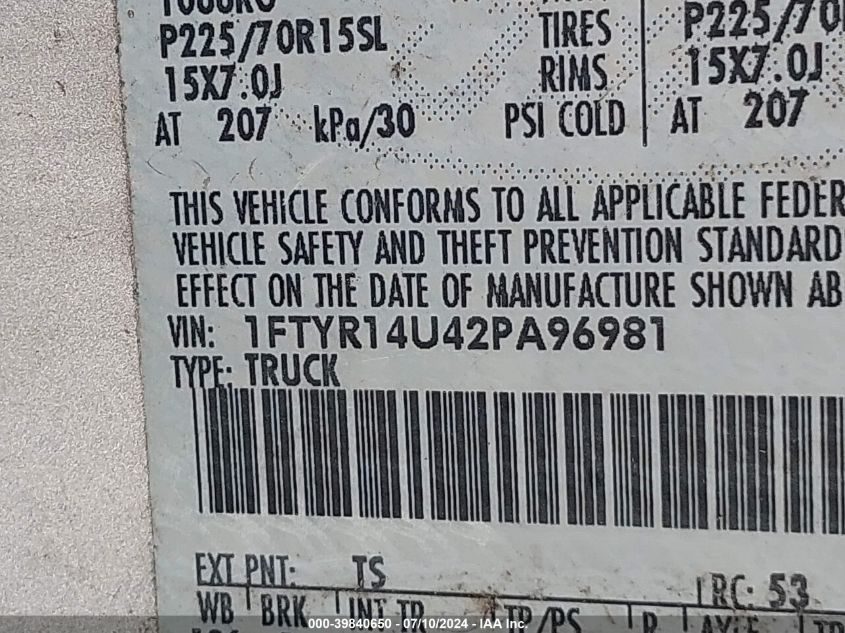 2002 Ford Ranger Edge/Tremor/Xl/Xlt VIN: 1FTYR14U42PA96981 Lot: 39840650