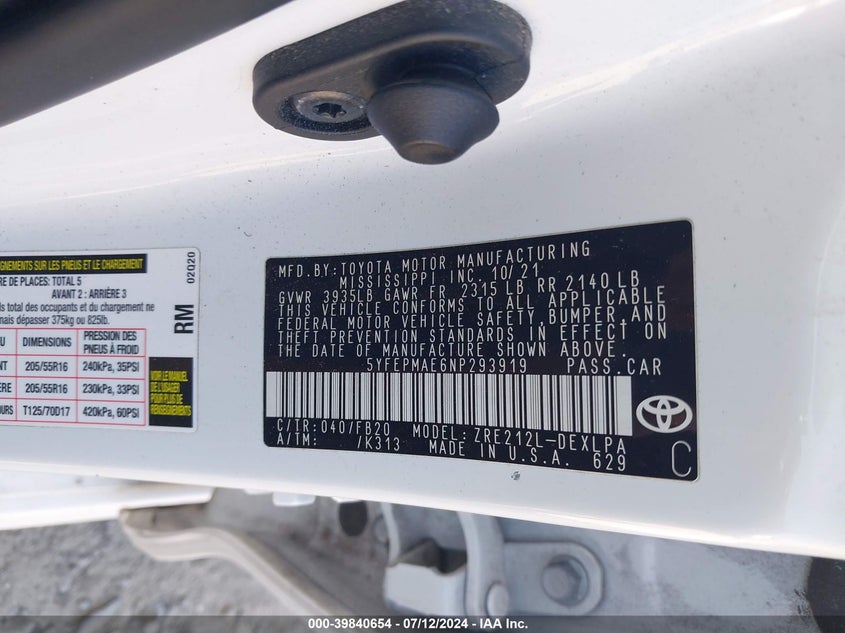 2022 TOYOTA COROLLA LE - 5YFEPMAE6NP293919