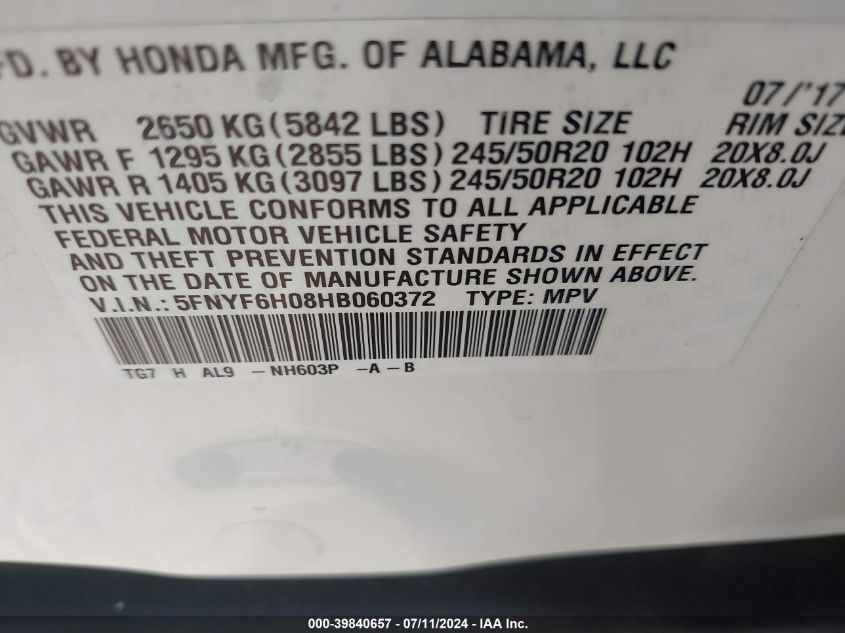 2017 Honda Pilot Elite VIN: 5FNYF6H08HB060372 Lot: 39840657