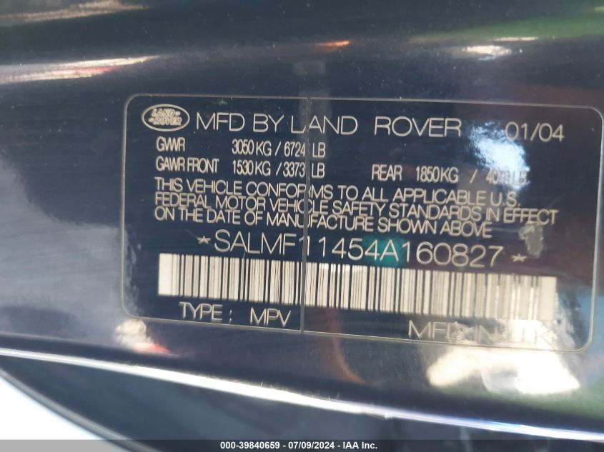 2004 Land Rover Range Rover Hse VIN: SALMF11454A160827 Lot: 39840659