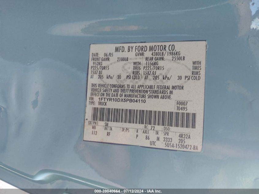 2005 Ford Ranger Xl/Xls/Xlt VIN: 1FTYR10DX5PB04110 Lot: 39840664