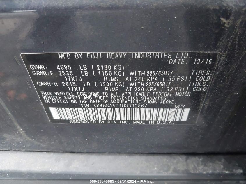 2017 Subaru Outback 2.5I VIN: 4S4BSAAC1H3312867 Lot: 39840665