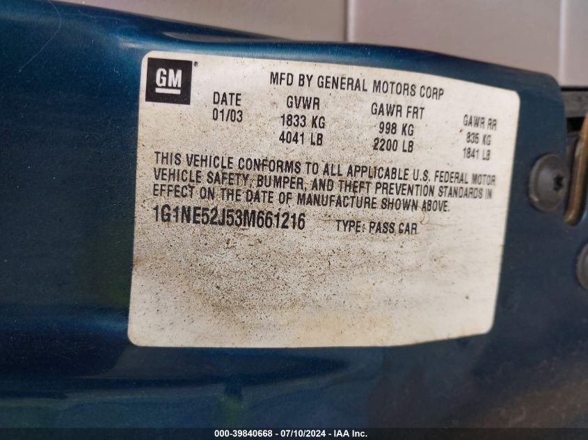 2003 Chevrolet Malibu Ls VIN: 1G1NE52J53M661216 Lot: 39840668