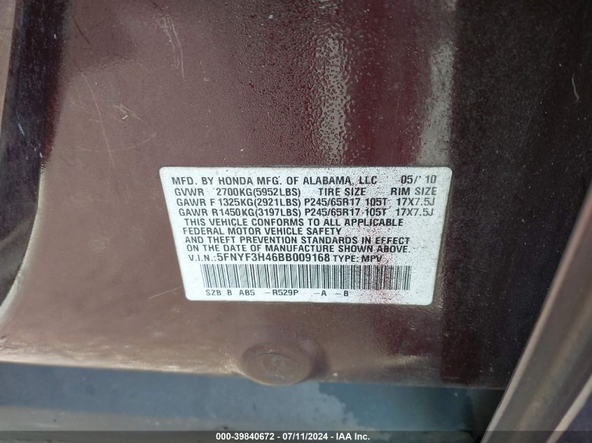 2011 Honda Pilot Ex VIN: 5FNYF3H46BB009168 Lot: 39840672