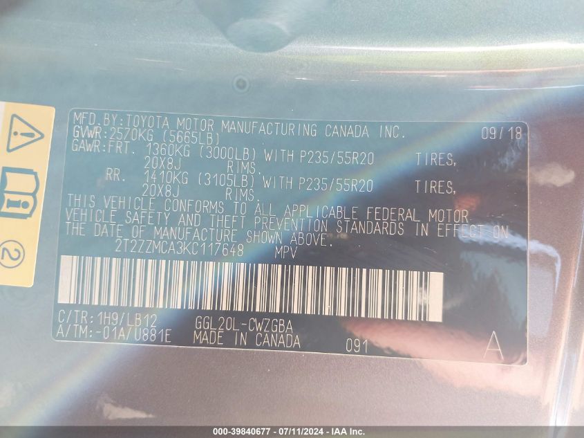 2019 Lexus Rx 350 VIN: 2T2ZZMCA3KC117648 Lot: 39840677