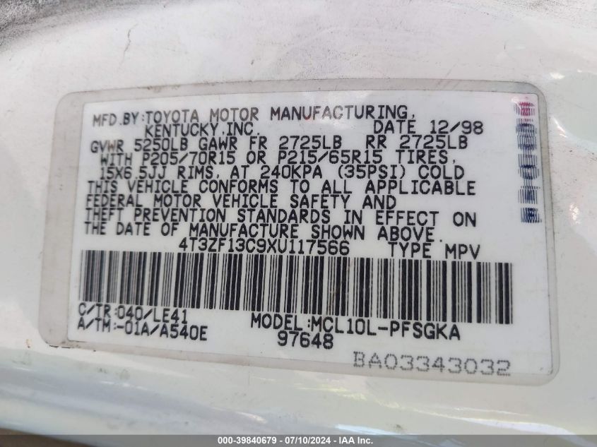 1999 Toyota Sienna Xle VIN: 4T3ZF13C9XU117566 Lot: 39840679