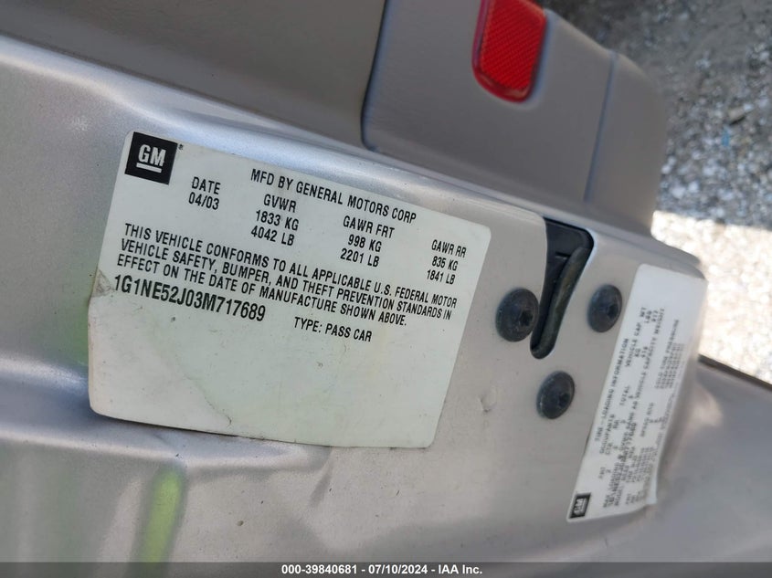 2003 Chevrolet Malibu Ls VIN: 1G1NE52J03M717689 Lot: 39840681