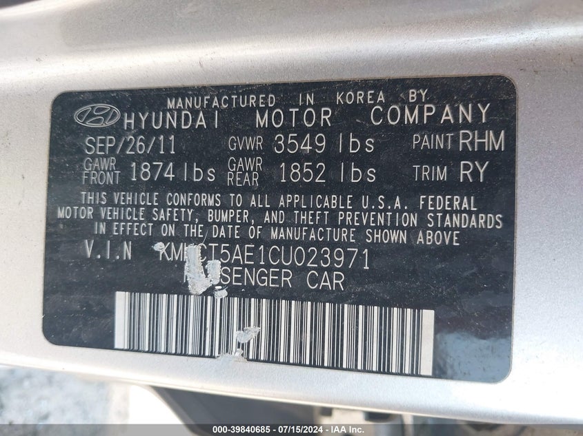 2012 Hyundai Accent Gs VIN: KMHCT5AE1CU023971 Lot: 39840685