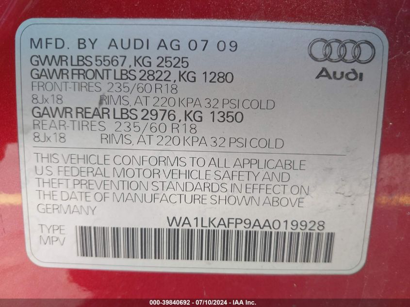 2010 Audi Q5 3.2 Premium VIN: WA1LKAFP9AA019928 Lot: 39840692