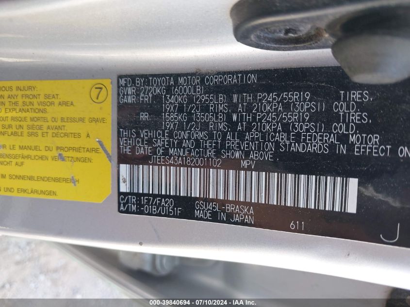 2008 Toyota Highlander Sport VIN: JTEES43A182001102 Lot: 39840694