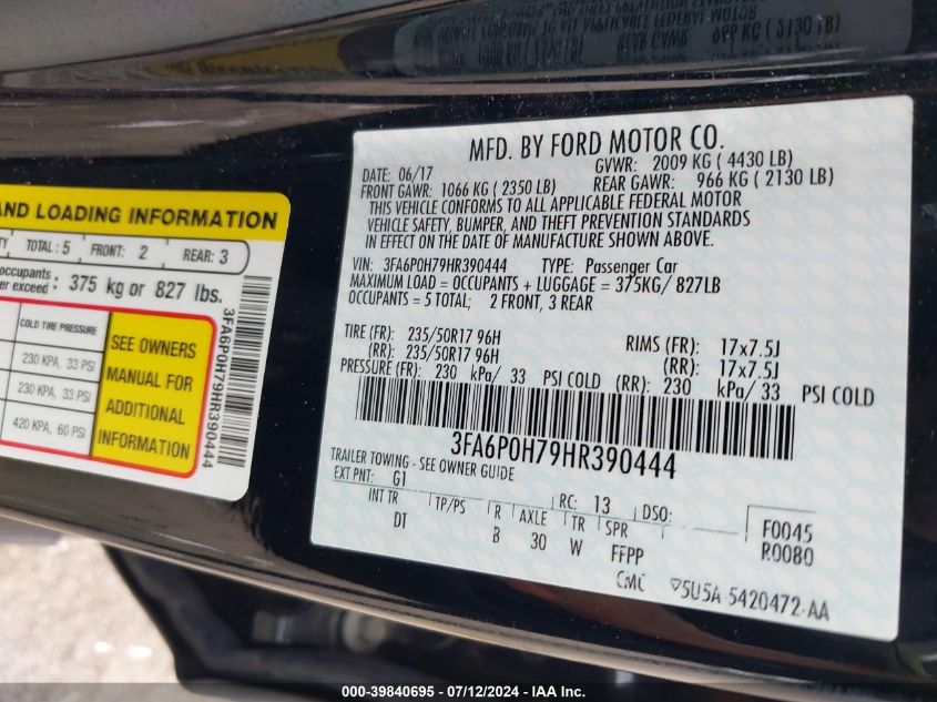 2017 Ford Fusion Se VIN: 3FA6P0H79HR390444 Lot: 39840695