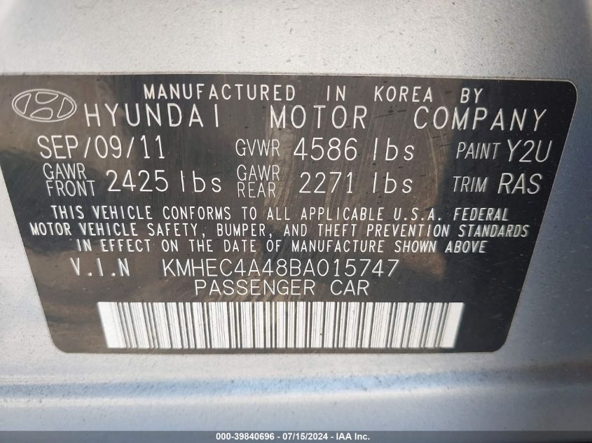2011 Hyundai Sonata Hybrid VIN: KMHEC4A48BA015747 Lot: 39840696