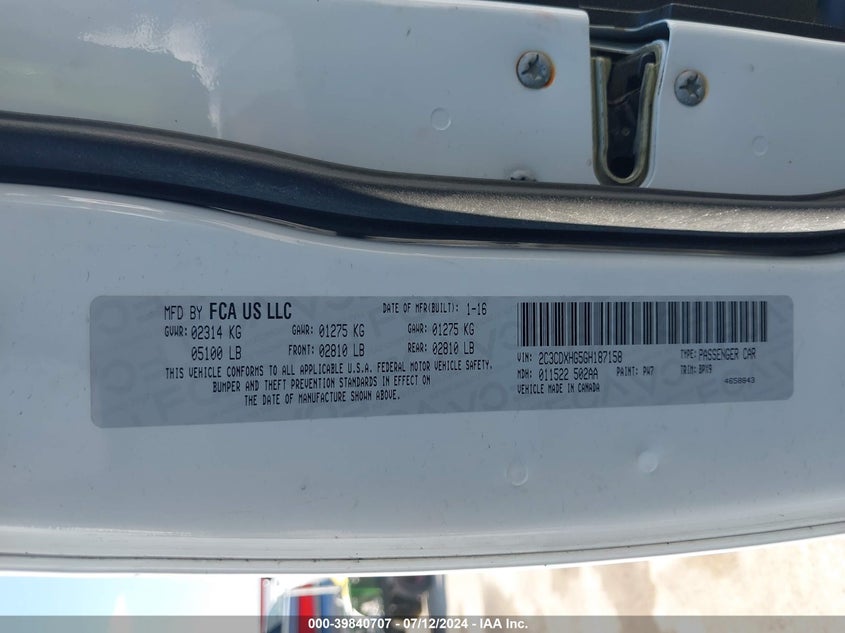 2016 Dodge Charger Sxt VIN: 2C3CDXHG5GH187158 Lot: 39840707