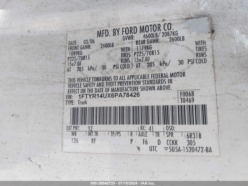 2006 Ford Ranger Sport/Stx/Xl/Xlt VIN: 1FTYR14UX6PA78426 Lot: 39840720