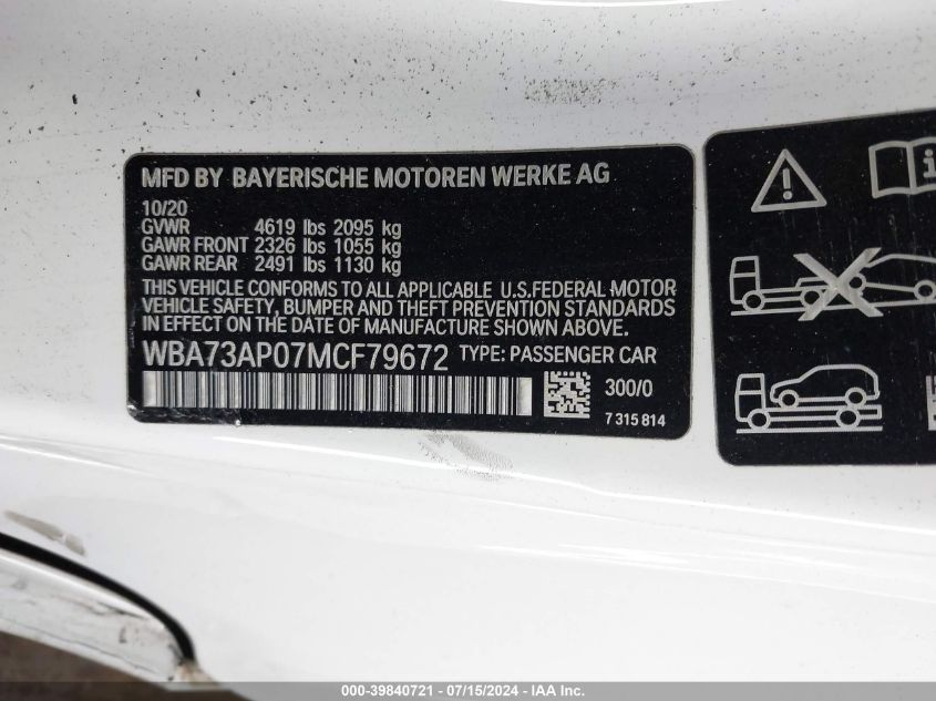 2021 BMW 430I xDrive VIN: WBA73AP07MCF79672 Lot: 39840721