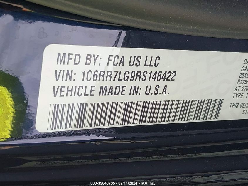 2024 Ram 1500 Classic Warlock 4X4 5'7 Box VIN: 1C6RR7LG9RS146422 Lot: 39840735