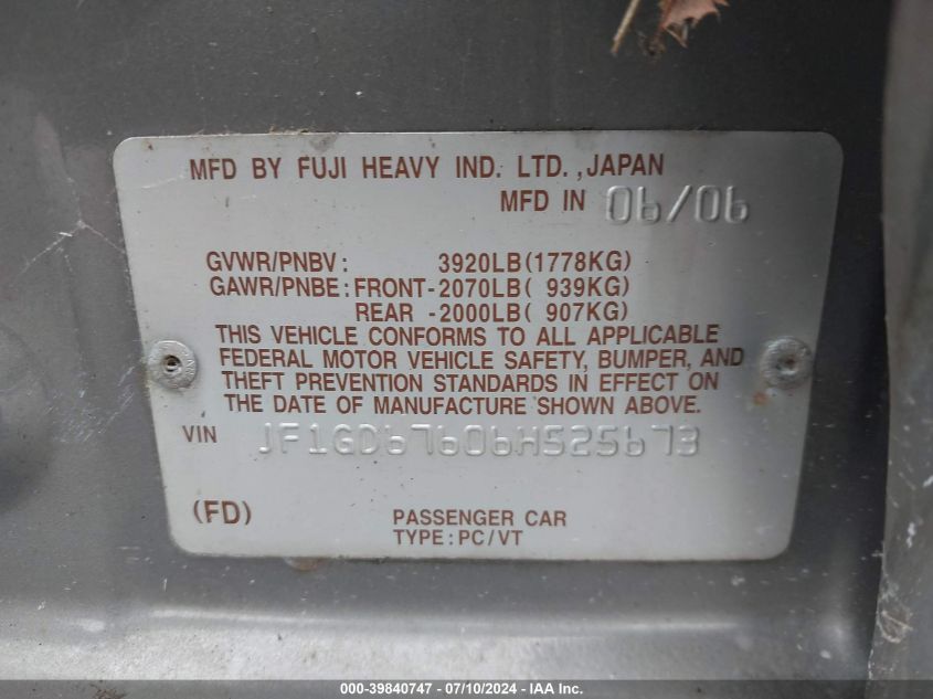 2006 Subaru Impreza 2.5I VIN: JF1GD67606H525673 Lot: 39840747