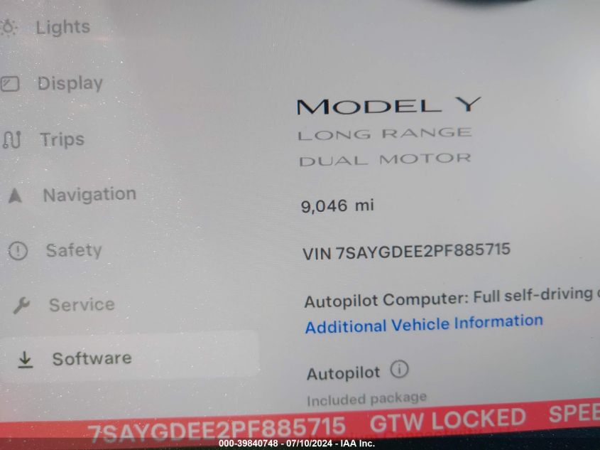 2023 Tesla Model Y Awd/Long Range Dual Motor All-Wheel Drive VIN: 7SAYGDEE2PF885715 Lot: 39840748