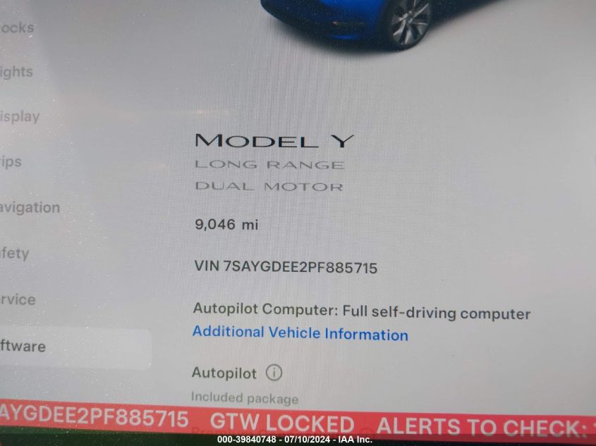 2023 Tesla Model Y Awd/Long Range Dual Motor All-Wheel Drive VIN: 7SAYGDEE2PF885715 Lot: 39840748