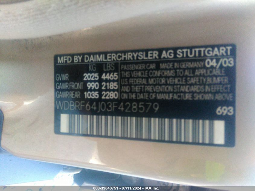 2003 Mercedes-Benz C 320 Sport VIN: WDBRF64J03F428579 Lot: 39840751