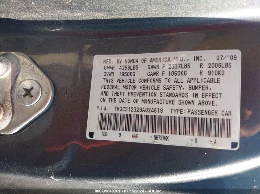 2009 Honda Accord 2.4 Lx-S VIN: 1HGCS12329A024619 Lot: 39840761
