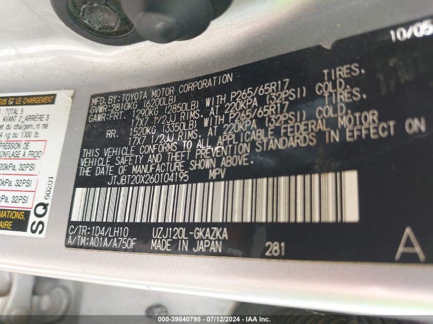 2006 Lexus Gx 470 VIN: JTJBT20X260104195 Lot: 39840795