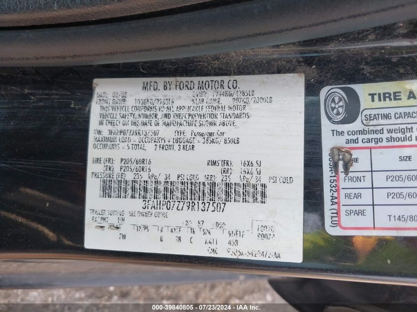 2009 Ford Fusion Se VIN: 3FAHP07Z79R137507 Lot: 39840805