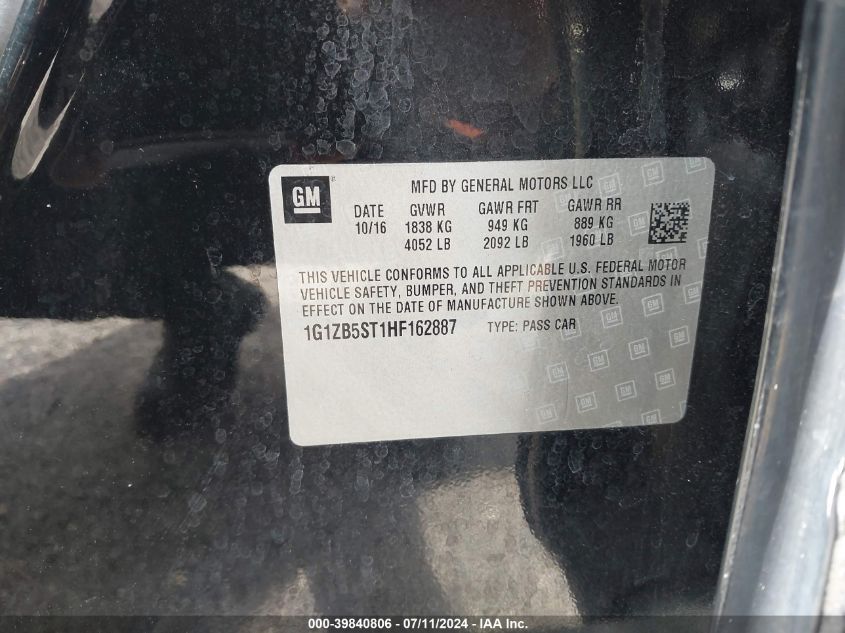 2017 Chevrolet Malibu Ls VIN: 1G1ZB5ST1HF162887 Lot: 39840806