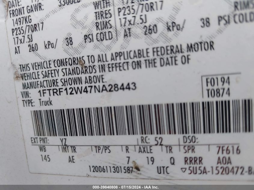 2007 Ford F-150 Stx/Xl/Xlt VIN: 1FTRF12W47NA28443 Lot: 39840808