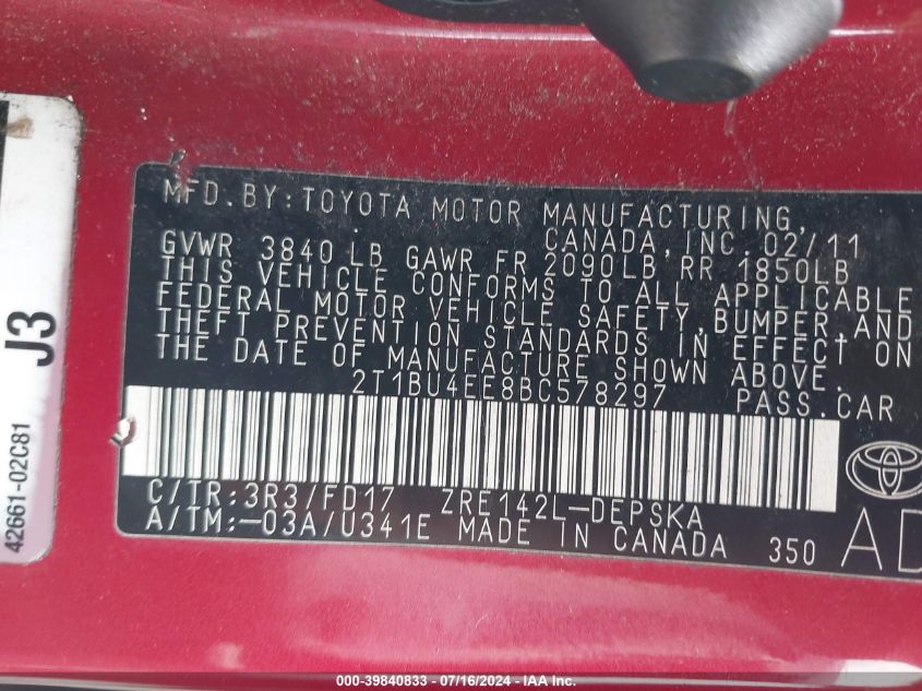 2011 Toyota Corolla S/Le VIN: 2T1BU4EE8BC578297 Lot: 39840833