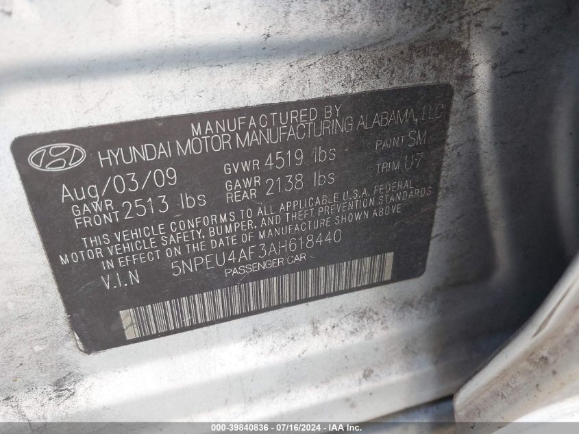 2010 Hyundai Sonata Limited V6 VIN: 5NPEU4AF3AH618440 Lot: 39840836