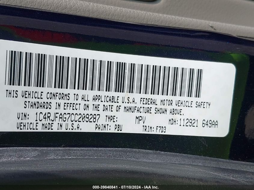 2012 Jeep Grand Cherokee Laredo VIN: 1C4RJFAG7CC209287 Lot: 39840841