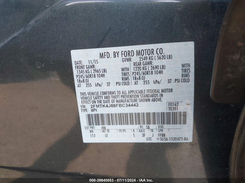 2015 Ford Edge Sel VIN: 2FMTK4J88FBC34442 Lot: 39840853