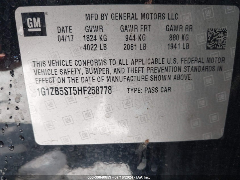 2017 Chevrolet Malibu Ls VIN: 1G1ZB5ST5HF258778 Lot: 39840859