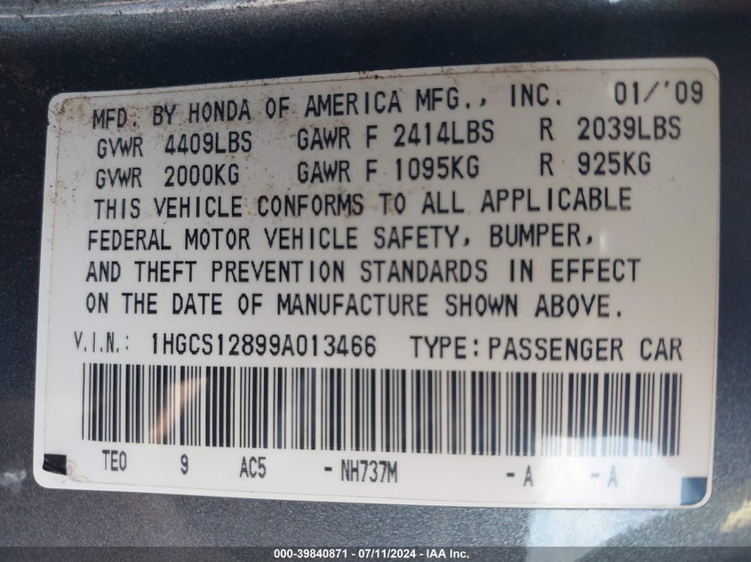 2009 Honda Accord 2.4 Ex-L VIN: 1HGCS12899A013466 Lot: 39840871