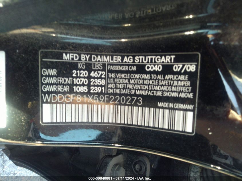 2009 Mercedes-Benz C 300 Luxury 4Matic/Sport 4Matic VIN: WDDGF81X59F220273 Lot: 39840881