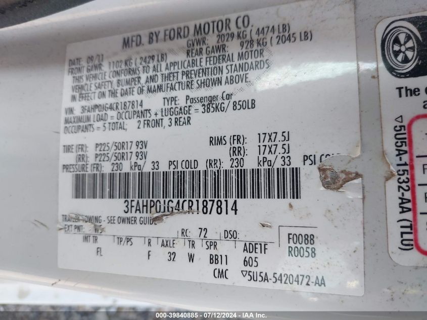 2012 Ford Fusion Sel VIN: 3FAHP0JG4CR187814 Lot: 39840885