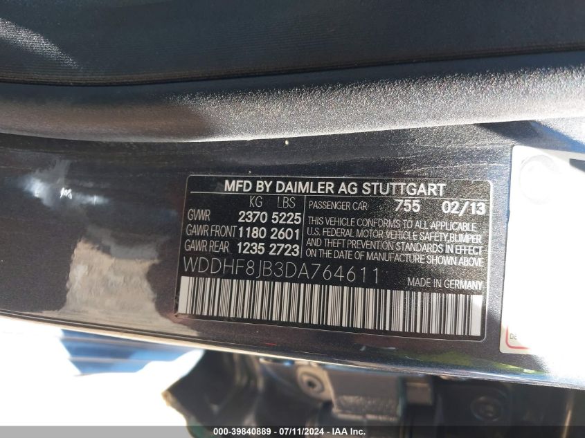 2013 Mercedes-Benz E 350 4Matic VIN: WDDHF8JB3DA764611 Lot: 39840889