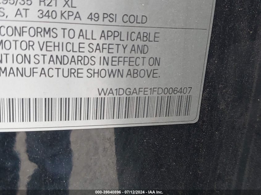 2015 Audi Q7 3.0T S Line Prestige VIN: WA1DGAFE1FD006407 Lot: 39840896