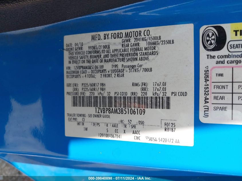 2011 Ford Mustang V6 VIN: 1ZVBP8AM3B5106109 Lot: 39840898