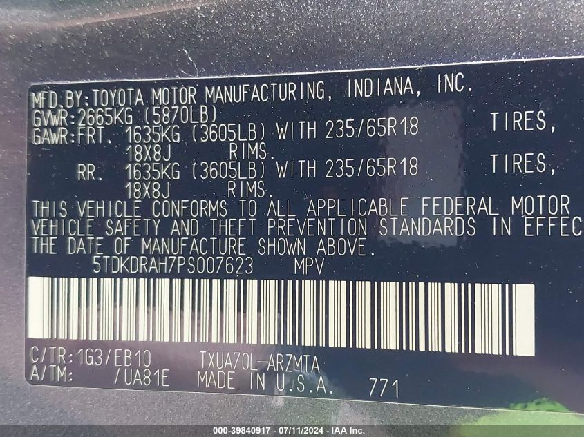 2023 Toyota Highlander Xle VIN: 5TDKDRAH7PS007623 Lot: 39840917