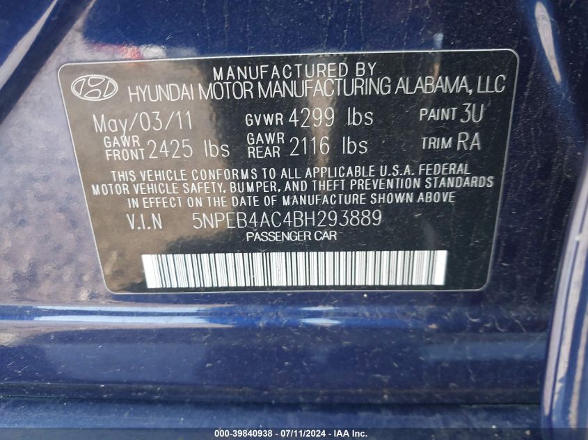 2011 Hyundai Sonata Gls VIN: 5NPEB4AC4BH293889 Lot: 39840938