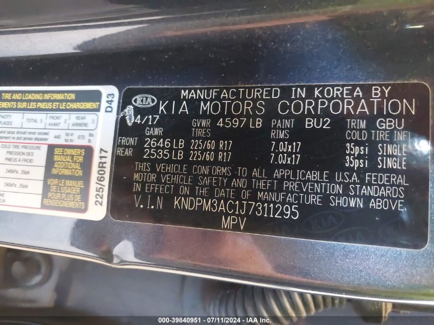 2018 Kia Sportage Lx VIN: KNDPM3AC1J7311295 Lot: 39840951